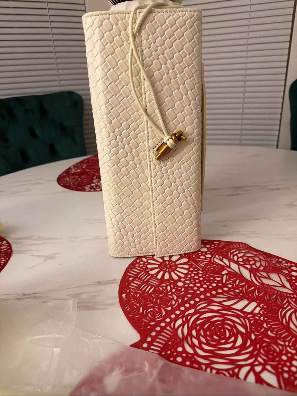 Woven Cream Leather Clutch with Subtle Gold Detail